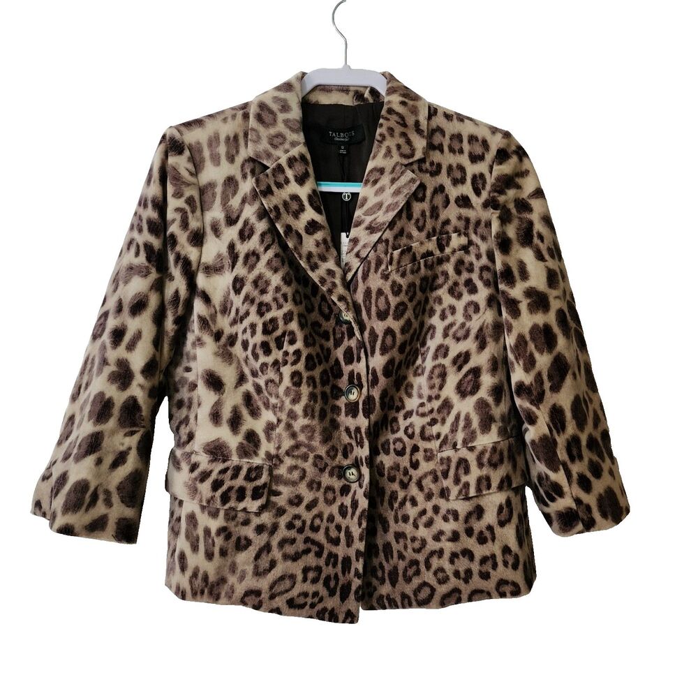NWT Talbots Kate Fit Fuzzy Animal Print Jacket Beige Brown 3/4 Sleeve Size 12